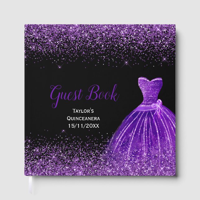 Libro De Visitas Dark Purple Dress Faux Glitter Quinceanera (Anverso)