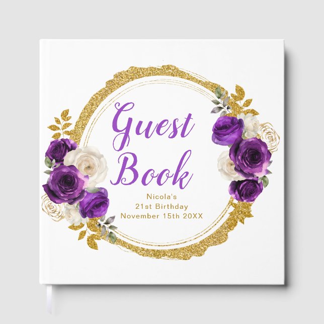 Libro De Visitas Dark Purple Gold Elegant Flowers Birthday Party (Anverso)