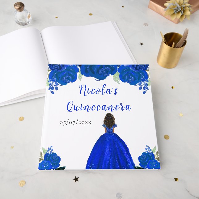 Libro De Visitas Dark Skin Princess Blue Quinceanera Guest Book (Anverso Abierto)