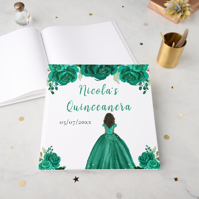 Libro De Visitas Dark Skin Princess Green Quinceanera Guest Book (Anverso Abierto)