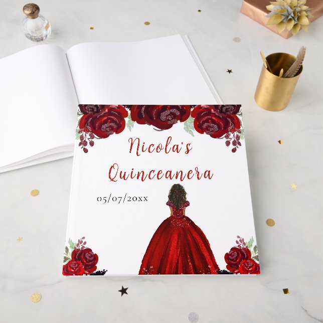 Libro De Visitas Dark Skin Princess Red Quinceanera Guest Book (Anverso Abierto)