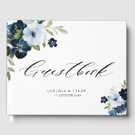 libro de visitas de boda floral azul marino claro