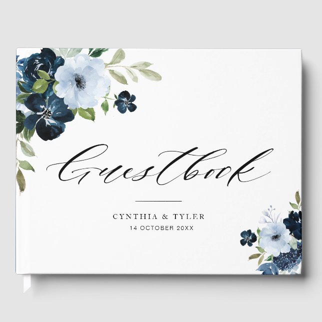 libro de visitas de boda floral azul marino claro (Anverso)