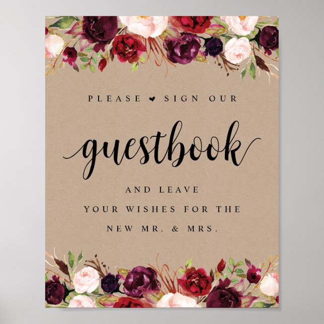 Libro de visitas de boda floral borgoña Kraft rúst (Frente)