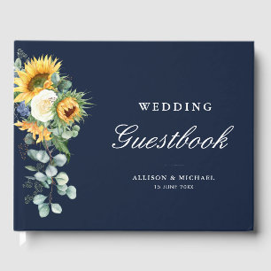 libro de visitas de bodas azul marino de girasol