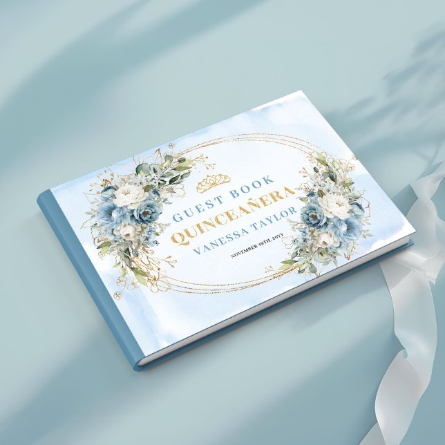 Libro de visitas de Quinceañera boho azul dorado b (Elegant Quince Guest Book Boho Blue Gold Botanical)
