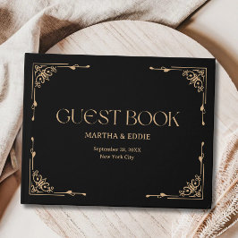 Libro De Visitas Deco Moderno | Boda Elegante de Negro y Dorado
