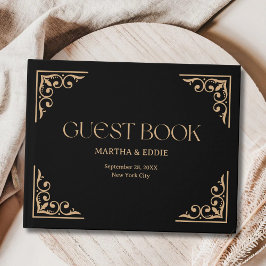 Libro De Visitas Deco Moderno | Boda Elegante de Negro y Dorado