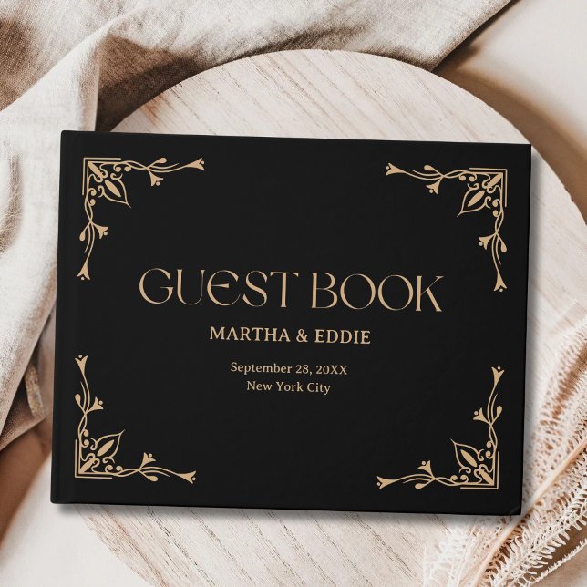 Libro De Visitas Deco Moderno | Boda Elegante de Negro y Dorado (Modern deco black and gold guest book keeps cherished wedding notes with elegant personalization.)