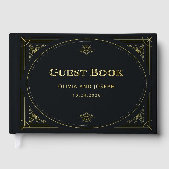 Libro De Visitas Deco moderno | Elegante Boda negro y Relieve metal (Anverso)