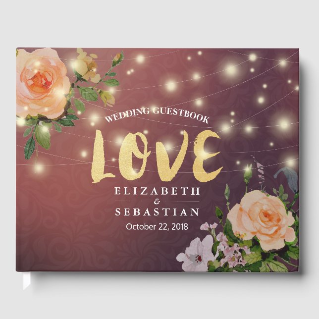 Libro de visitas del Boda Burgundy Red Floral Stri (Anverso)