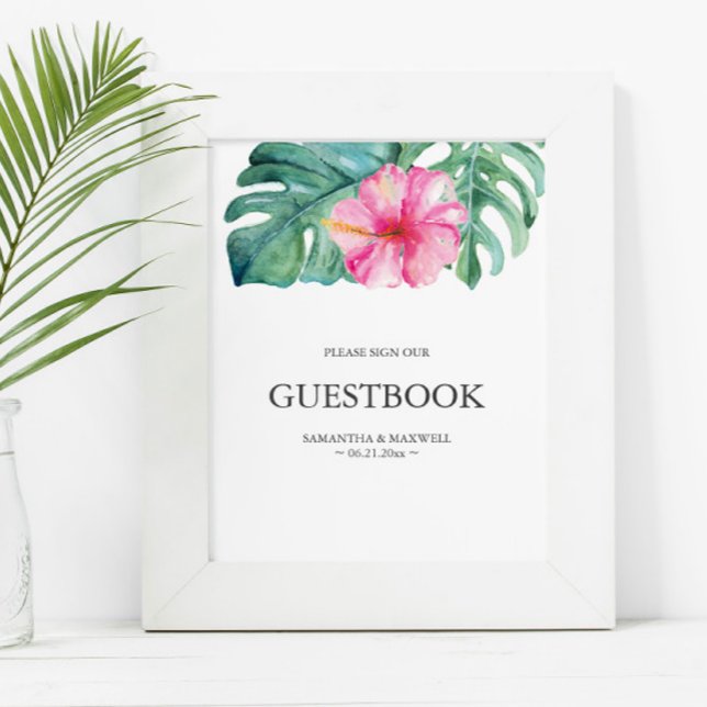 Libro de visitas del Boda de flores rosadas de Hib (Wedding guest book sign features watercolor pink hibiscus flower and monstera palm leaves )