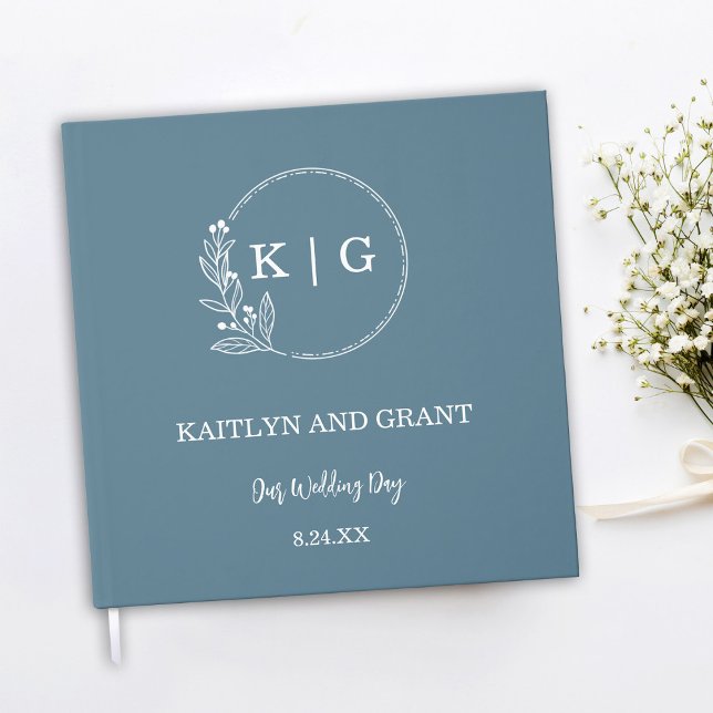 Libro de visitas del Boda del Monograma Azul y Bla (Dusty blue and white wedding guestbook with floral monogram)