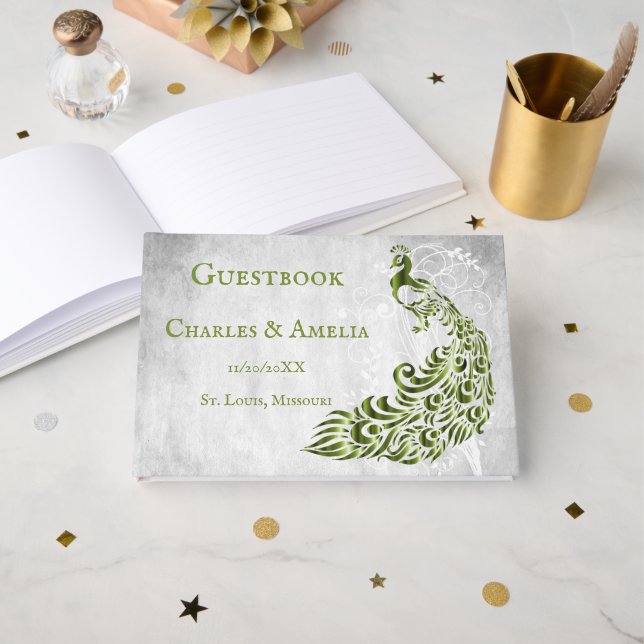 Libro de visitas del Boda Green Peacock Leaf Vine (Anverso Abierto)