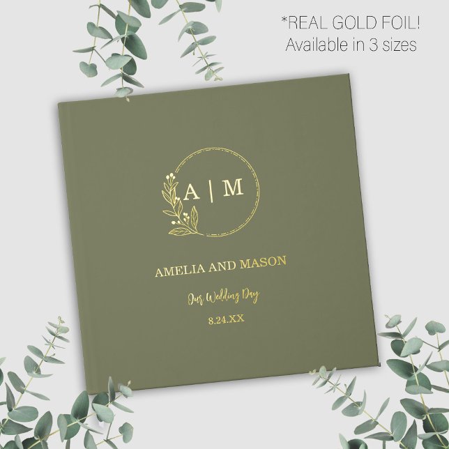 Libro de visitas del Boda Sage Green & Relieve met (Sage Green and gold foil elegant modern monogram wedding guestbook)