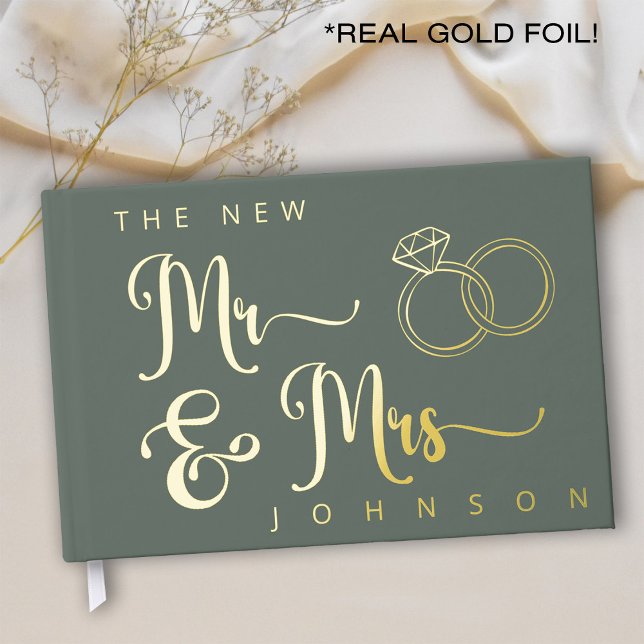 Libro de visitas del boda Sage Green y el Relieve  (Real Gold Foil and sage green wedding guestbook with rings and script typography)