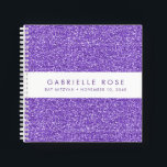 Libro de visitas del Purpurina púrpura Bat Mitzvah<br><div class="desc">Purpurina Purple y Lavender (imagen de textura de fondo impresa) con una franja blanca en la portada de un cuaderno de libro de autografias personalizado. Un divertido accesorio fiesta morado brillante para una fiesta de Bat Mitzvah, Sweet 16, Quinceanera o Birthday, o un libro de sketch para cualquier purpurina morado...</div>