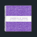 Libro de visitas del Purpurina púrpura Bat Mitzvah<br><div class="desc">Purpurina Purple y Lavender (imagen de textura de fondo impresa) con una franja blanca en la portada de un cuaderno de libro de autografias personalizado. Un divertido accesorio fiesta morado brillante para una fiesta de Bat Mitzvah, Sweet 16, Quinceanera o Birthday, o un libro de sketch para cualquier purpurina morado...</div>