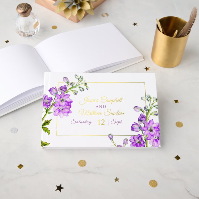 Libro De Visitas Delphinium floral púrpura acuarela boda dorada (Anverso Abierto)