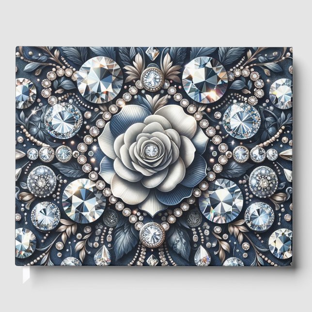 Libro De Visitas Denim & Diamonds Glam Bling Rosas Joyas (Anverso)