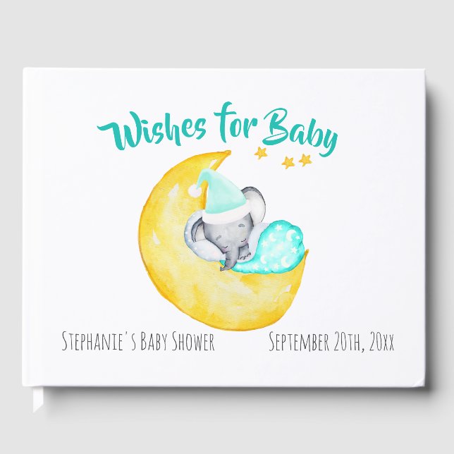 Libro De Visitas Deseos de Baby Elephant Moon & Stars Baby Shower (Anverso)