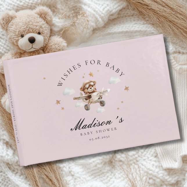 Libro De Visitas ¡Deseos para el bebé! Oso y avión de Teddy (Personalized "Wishes for Baby!" Baby Shower, Soft-Pink Guest Book. For Baby Girl.)