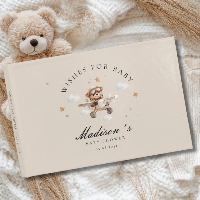 Libro De Visitas ¡Deseos para el bebé! Oso y avión de Teddy (Personalized "Wishes for Baby!" Baby Shower, Beige Guest Book. For Baby Boy and Girl.)