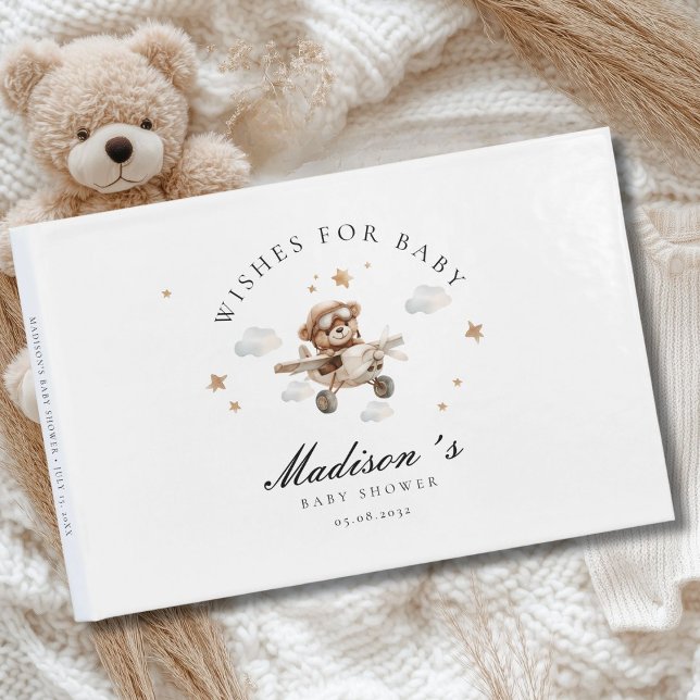 Libro De Visitas ¡Deseos para el bebé! Oso y avión de Teddy (Personalized "Wishes for Baby!" Baby Shower, Guest Book. For Baby Boy and Girl.)