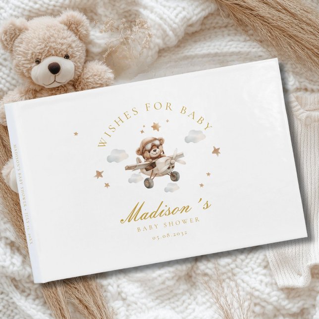 Libro De Visitas ¡Deseos para el bebé! Oso y avión de Teddy (Personalized "Wishes for Baby!" Baby Shower, White Guest Book. For boy and girl.)