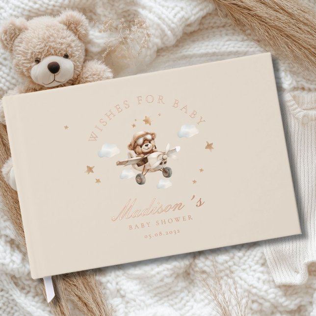 Libro De Visitas ¡Deseos para el bebé! Oso y avión de Teddy (Personalized "Wishes for Baby!" Teddy Bear & Airplane Foil Guest Book.)