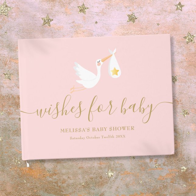 Libro De Visitas Deseos para la niña Cigüeña Rosa Estrella Baby Sho (Wishes for Baby Girl Pink Stork Star Baby Shower Guest Book)