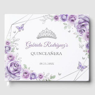 Libro De Visitas Detalles Florales de Quinceañera Lila Púrpura Plat