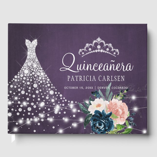 Libro De Visitas Diamante floral púrpura princesa tiara quinceanera (Anverso)