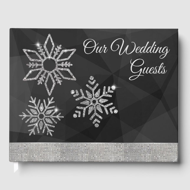 Libro De Visitas Diamond Snowflakes on Black Wedding Guest Book (Anverso)