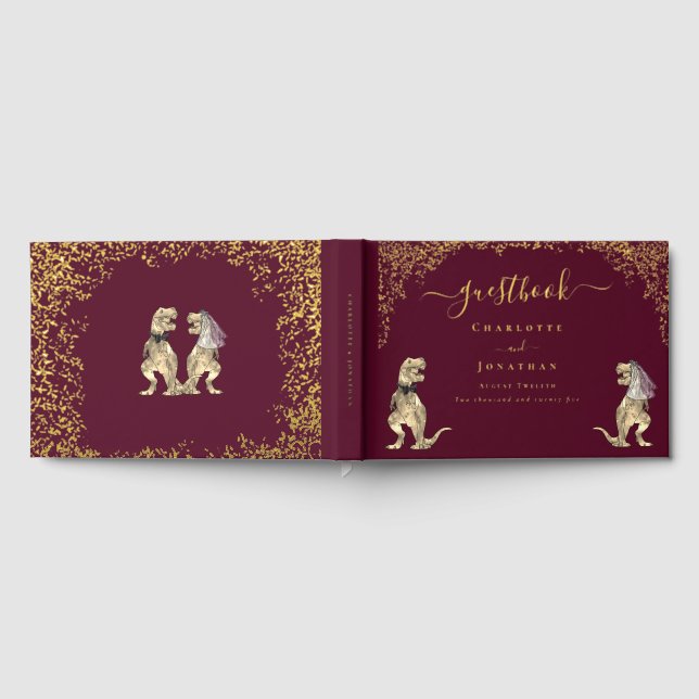 Libro De Visitas Dinosaur Theme Wedding Burgundy Red & Gold (Lleno)