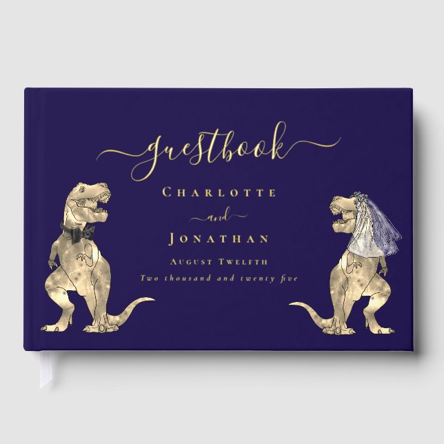 Libro De Visitas Dinosaur Theme Wedding Custom Navy Blue Gold (Anverso)