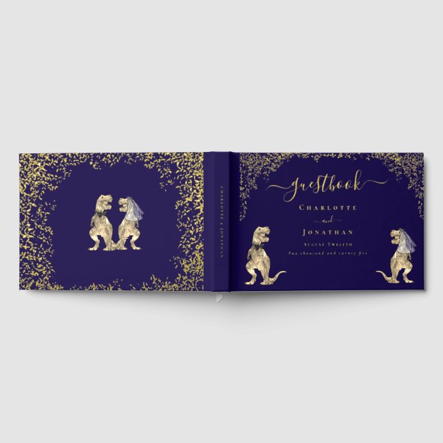Libro De Visitas Dinosaur Theme Wedding Custom Navy Blue Gold (Lleno)