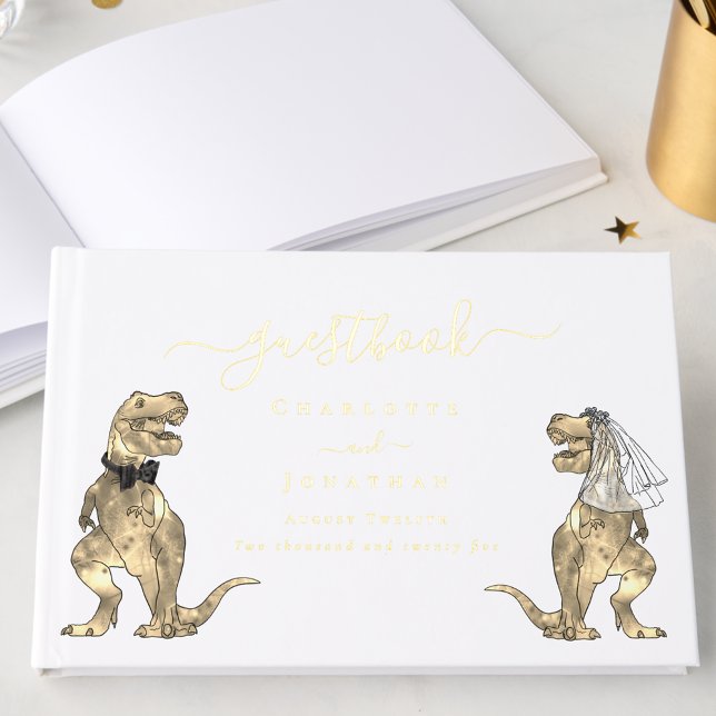 Libro De Visitas Dinosaurio Boda Personalizado Oro (Dinosaur theme wedding gold foil script custom guest book keepsake )