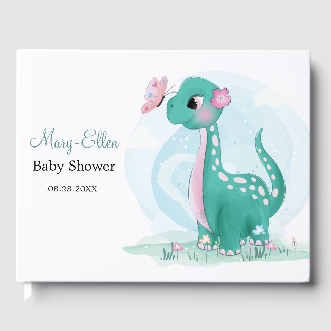 Libro De Visitas Dinosaurio verde azulado con Baby Shower de maripo (Anverso)