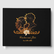 Diseño misterioso y elegante en oro y negro.