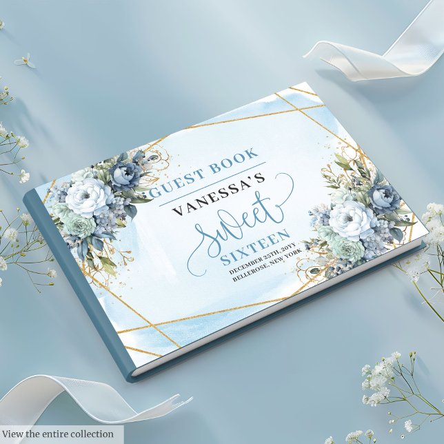 Libro De Visitas Dorado Dusty Azul Floral Blanco Dulce Dieciséis (Golden Dusty Blue White Floral Sweet Sixteen Guest Book)