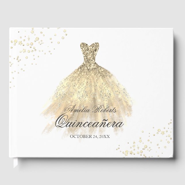 Libro De Visitas Dorado Sparkke Vestido Quinceanera Invitado (Anverso)