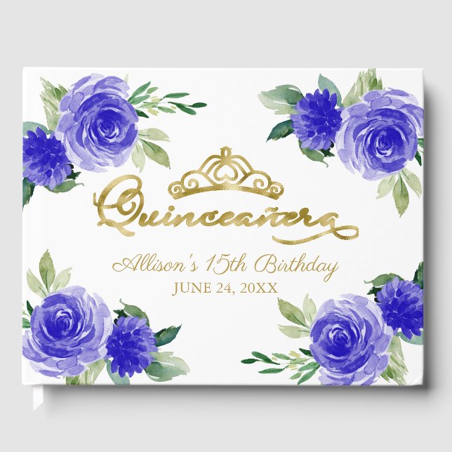 Libro De Visitas Dorado Tiara Royal Blue Floral Quinceanera (Anverso)