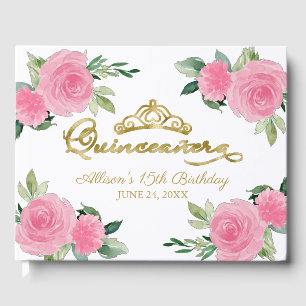 Libro De Visitas Dorado Tiara Rubor Floral caliente rosa Quinceaner