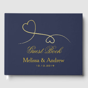Libro De Visitas Dos Corazones de Oro Elegantes Boda azul de la M