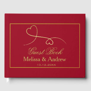 Libro De Visitas Dos Corazones de Oro Elegantes Boda rojo carmín