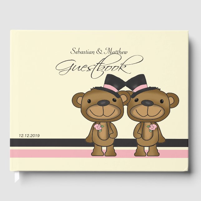 Libro De Visitas Dos Grooms Teddy Bears Boda Gay Personalizado (Anverso)