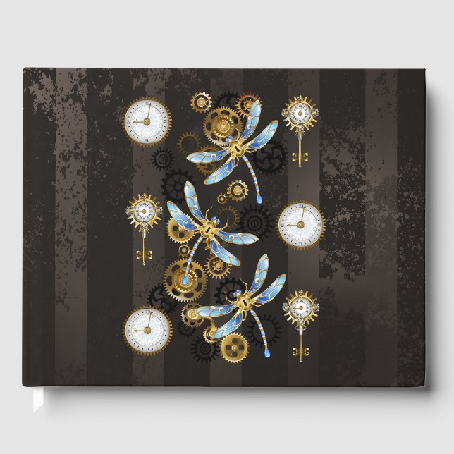 Libro De Visitas Dragoniscos de Steampunk sobre fondo rayado marrón (Anverso)