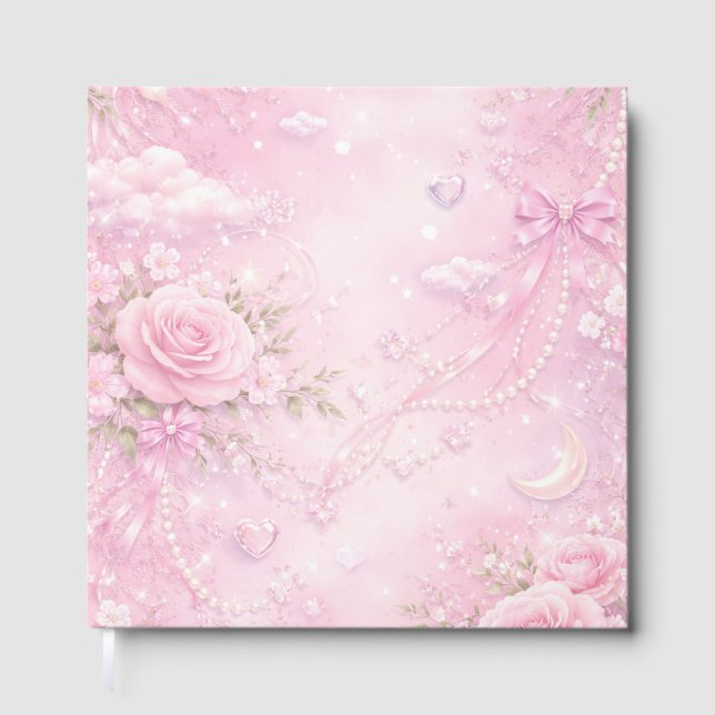 Libro De Visitas Dreamy Pink Rose Floral Pearls Bows Sparkle Pastel (Anverso)
