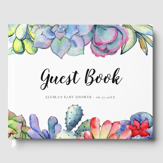 Libro De Visitas Ducha de bebé con cactus suculento acuarela (Anverso)